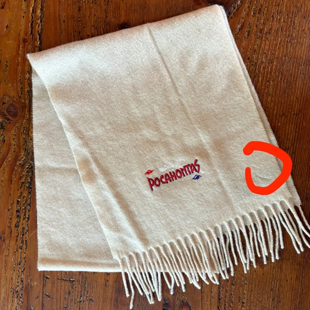 1995 Disney Pocahontas Italian Lambswool Cream Tan Scarf Vintage Embroidered